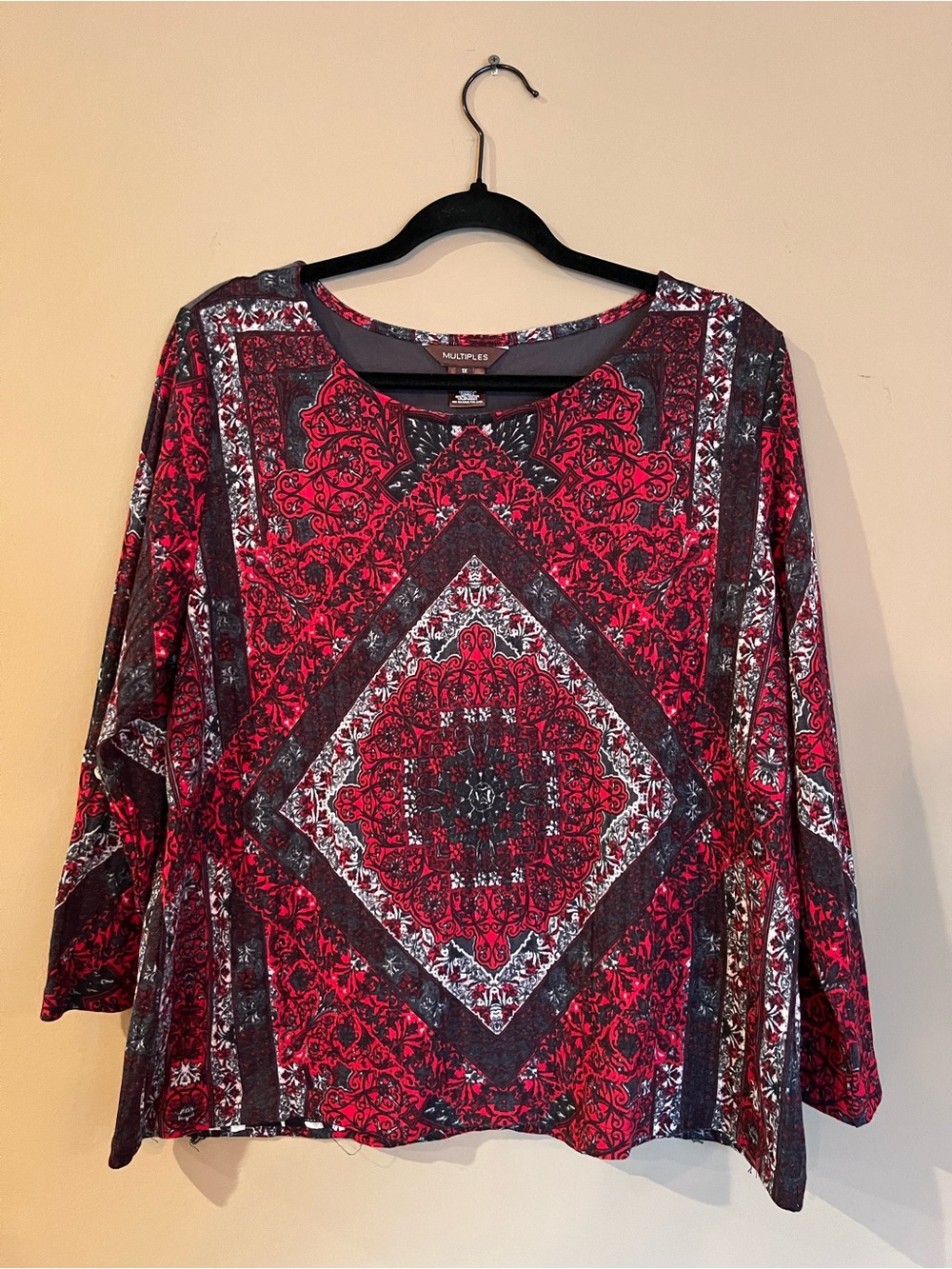 Multiples Red, Black and White Geometric Long Sleeve Top